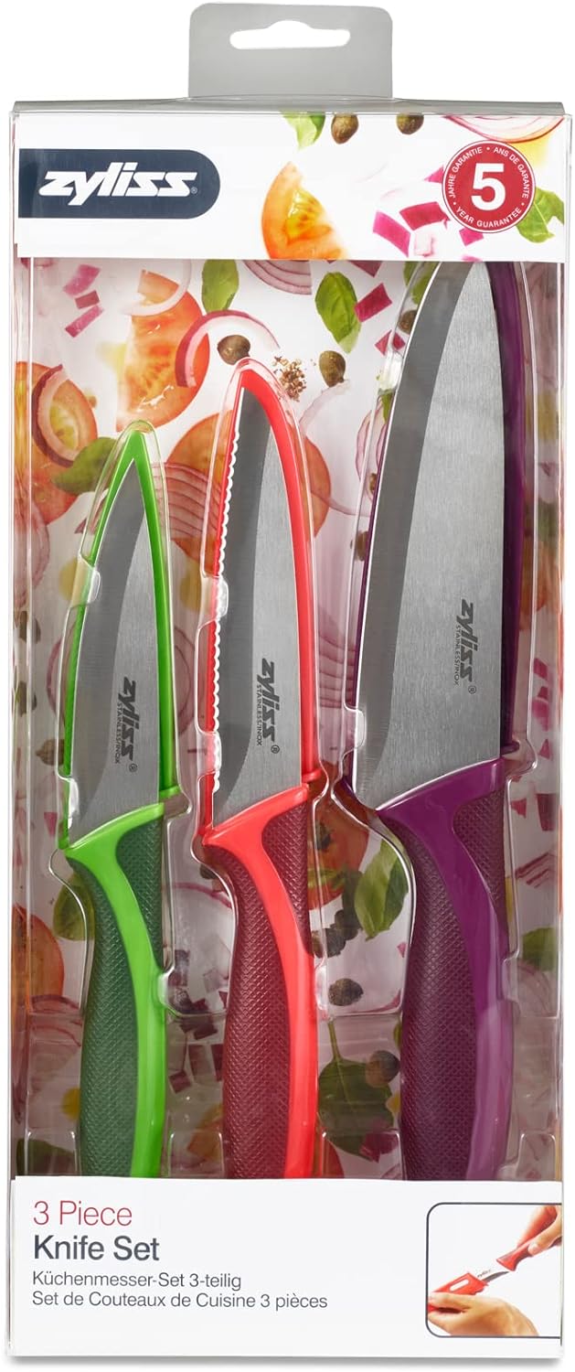 Zyliss E72404 Messer Set 3-Teilig, 9cm/10cm/14cm, Grün/Rot/Lila, Küchenmesser-Set Allzweckmesser/Sch