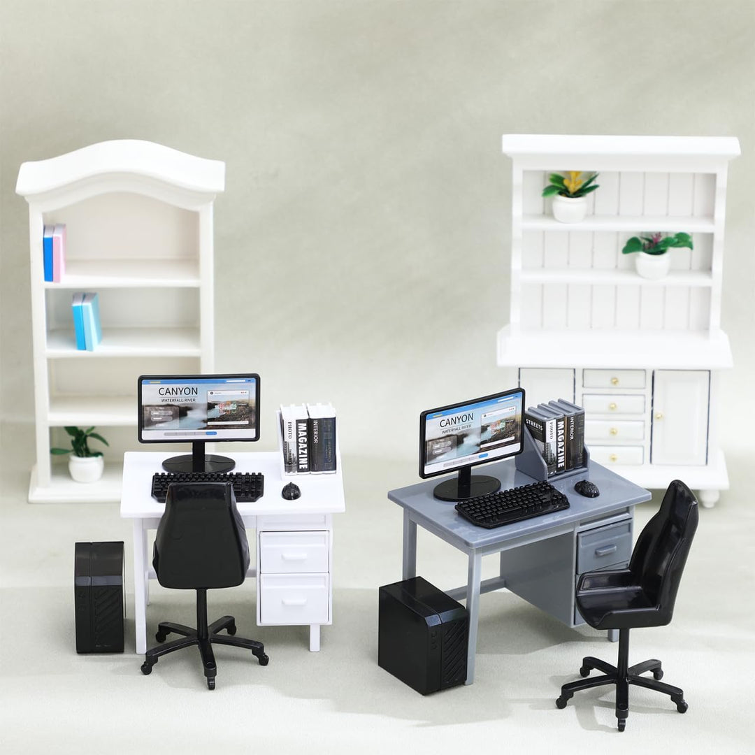 2 Sets Miniatur-puppenhausmöbel, Computer-schreibtischzubehör, Massstab 1:12, Mini-bürotisch, Stuhl,