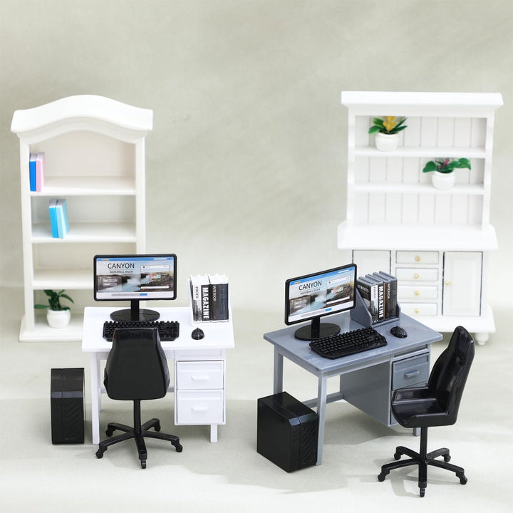 2 Sets Miniatur-puppenhausmöbel, Computer-schreibtischzubehör, Massstab 1:12, Mini-bürotisch, Stuhl,