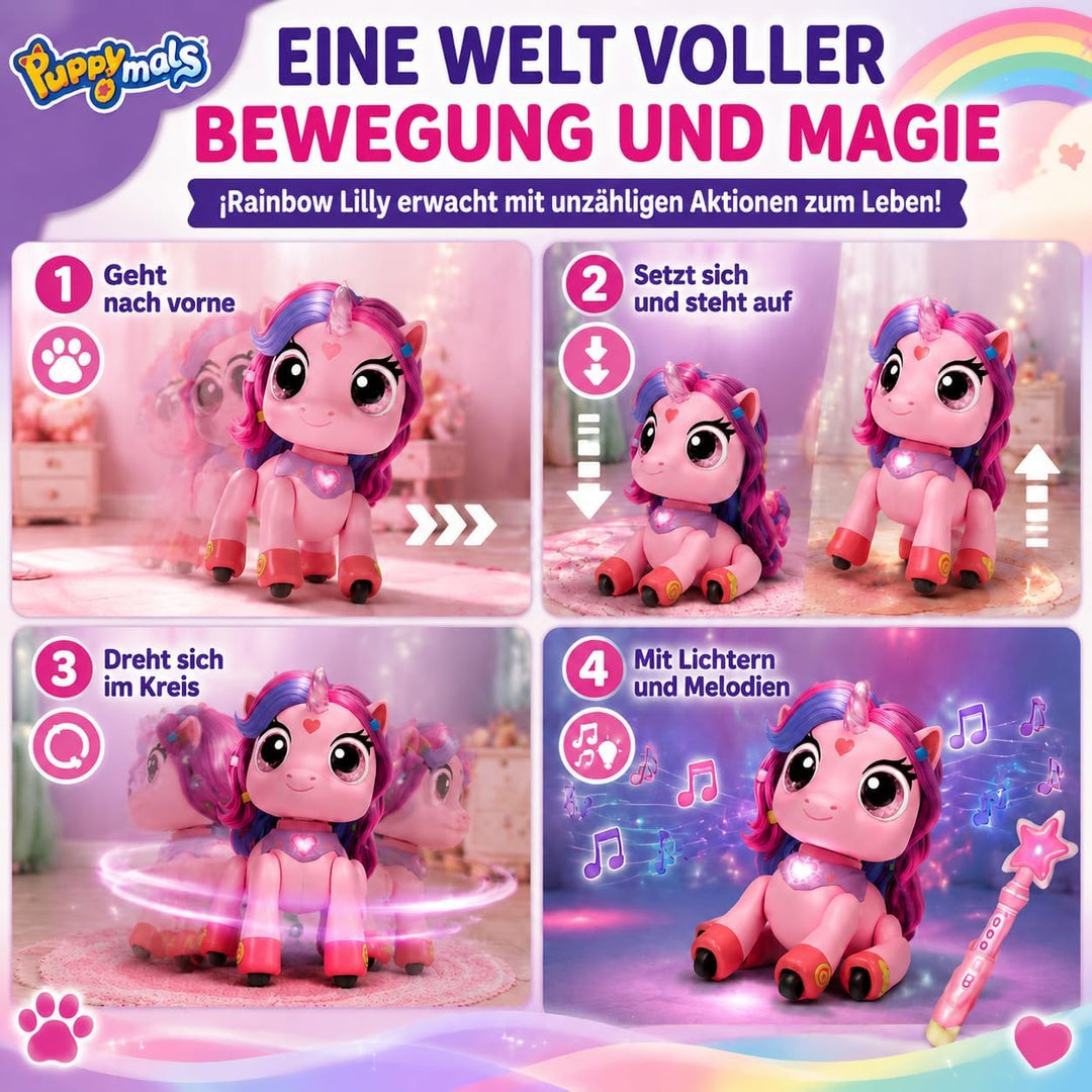 Regenbogen Einhorn Rainbow Lilly | Ferngesteuertes Einhorn mit Zauberstab | Interaktives Einhorns mi