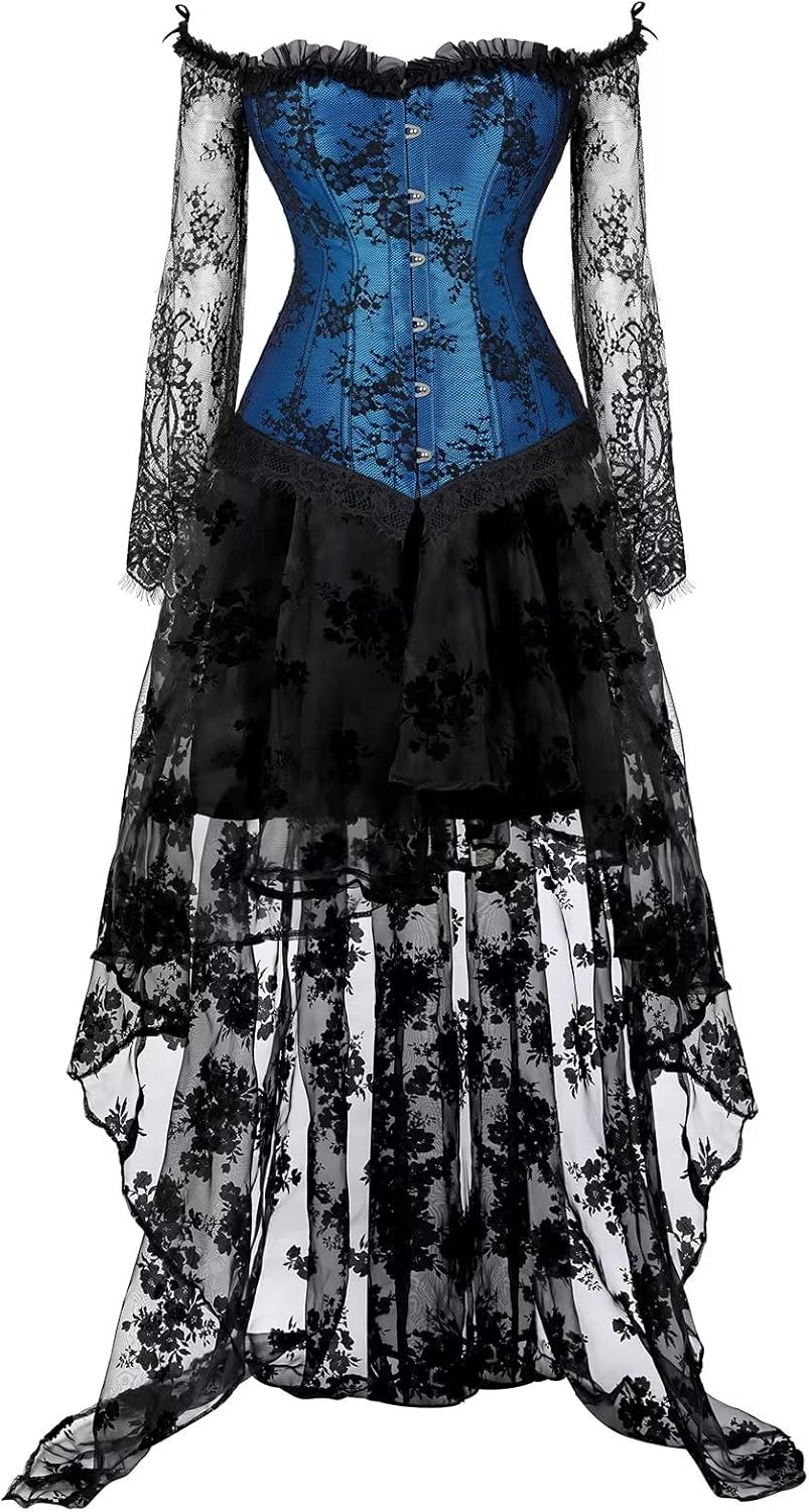 Korsett Damen Korsagenkleid Korsage Gothic Taille Lang Rock Hauch Bluse Kleid Elegant Frauen, Bluebl