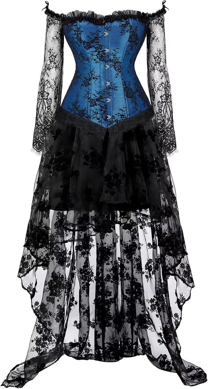 Korsett Damen Korsagenkleid Korsage Gothic Taille Lang Rock Hauch Bluse Kleid Elegant Frauen, Bluebl