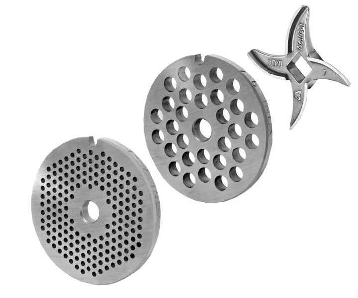 Wolfcut Lochscheibensatz mit 2,0mm + 6,0mm Bohrungen und 1 Sichelmesser- kompatibel mit Fleischwolf