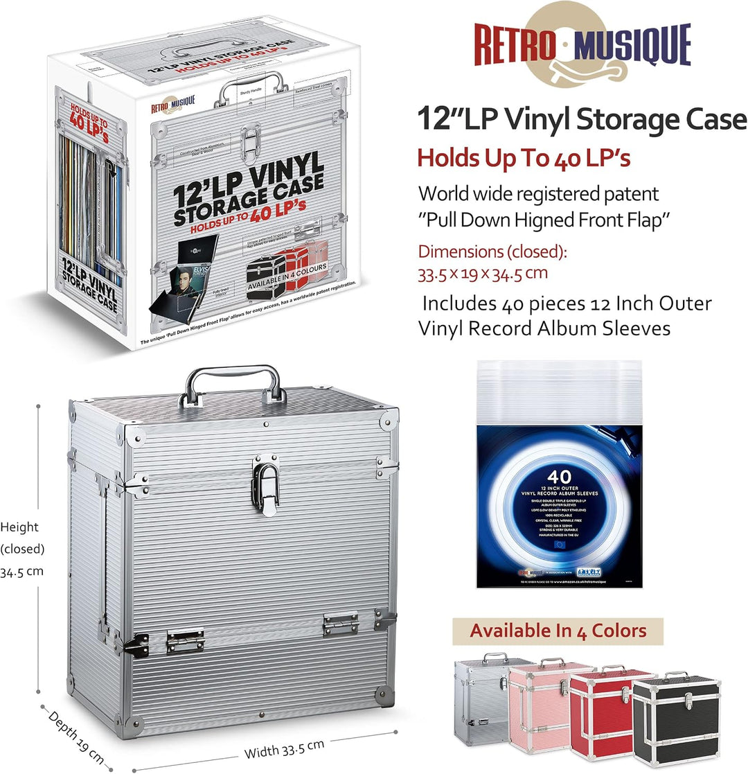 Retro Musique 12"-Aluminium-Schallplattenkoffer mit einzigartiger, aufklappbarer Frontklappe für bes