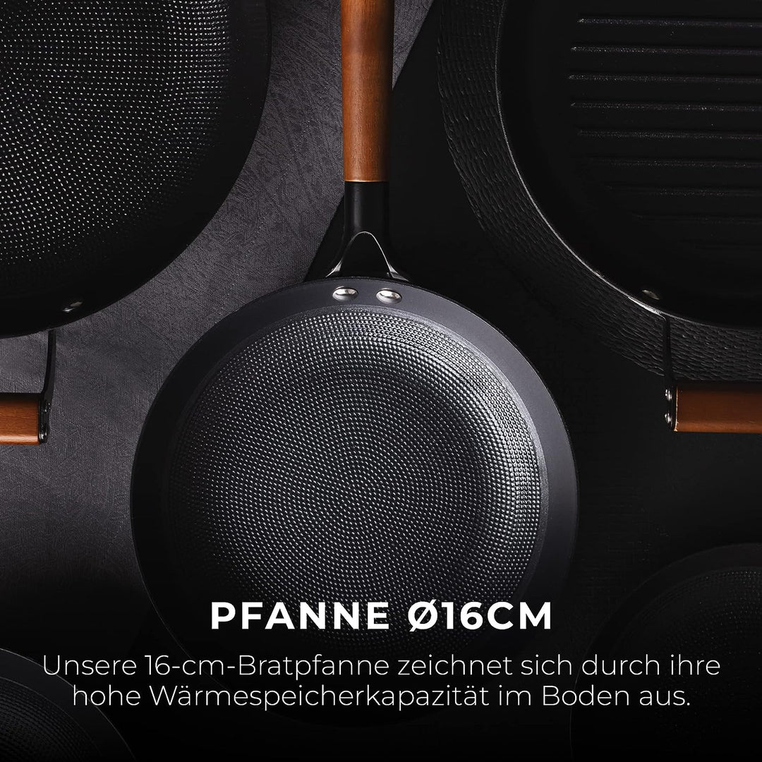 MasterPRO Odín | Pfanne Antihaftbeschichtet 16 cm | Aus Gepresstem Eisen | Ergonomischer Akazienholz