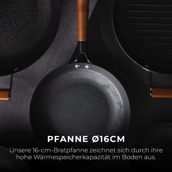 MasterPRO Odín | Pfanne Antihaftbeschichtet 16 cm | Aus Gepresstem Eisen | Ergonomischer Akazienholz