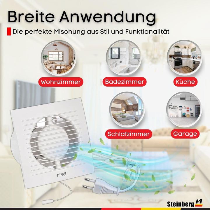 Steinberg14 Badlüfter 125mm Weiss mit Zugschnur und Stecker - Abluftventilator Ventilator Lüfter Bad