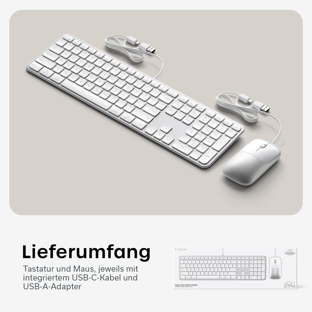 SATECHI Kabelgebundenes Tastatur- und Maus-Set Slim CLX3, 𝗨𝗦-𝗘𝗡𝗚𝗟𝗜𝗦𝗖𝗛 𝗤𝗪𝗘𝗥𝗧𝗬 Layout, USB-C Plug-and-