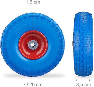 2 x Sackkarrenrad, pannensichere Vollgummireifen, 4.1/3.5-4, 16 mm Achse, bis 150 kg, H x D: 26 x 8,