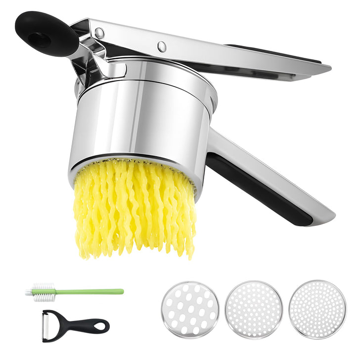 Kartoffelpresse 15oz, robuster Kartoffelstampfer aus Edelstahl mit 3 austauschbaren Scheiben, grosse