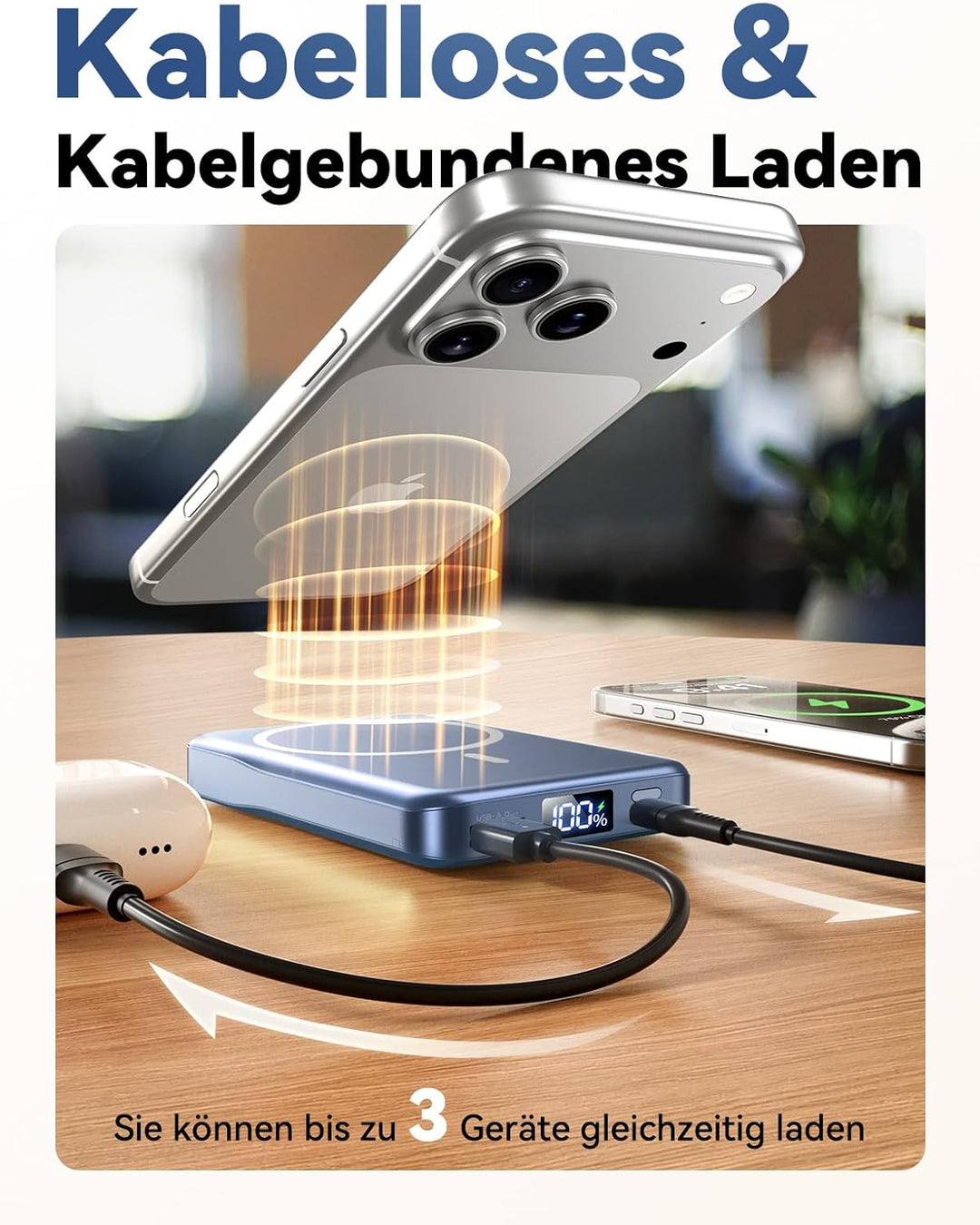 Powerbank für MagSafe 10000mAh, Magnetische Powerbank ohne Kabel, 20W PD Schnellladegerät, Kabellos