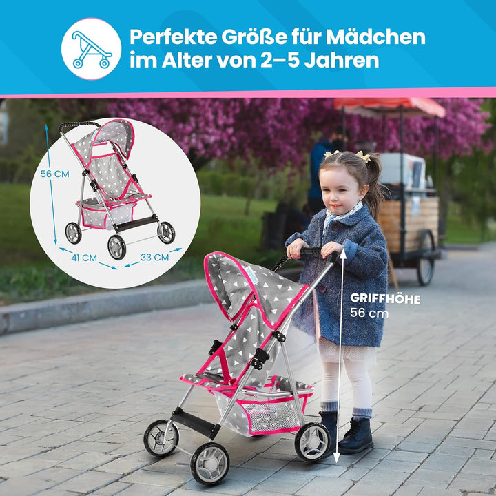 Kinderplay Puppenwagen, Puppen Buggy Kinderwagen, Buggy mit Anschnallgurt und Einkaufsnetz - Babyspi