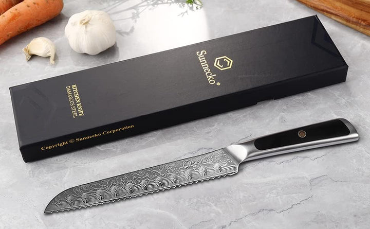Sunnecko 20cm Brotmesser mit Wellenschliff - Damastmesser mit ergonomischem Griff, Brötchenmesser Br