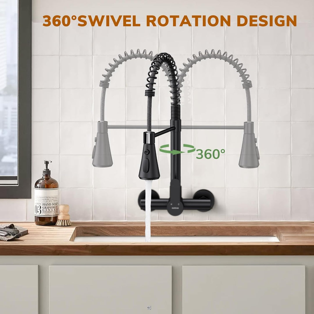 HURRAN Wasserhahn Wandmontage, Küchenarmatur mit 3 Auslaufarten, 360° Schwenkbarer Wasserhahn Küche