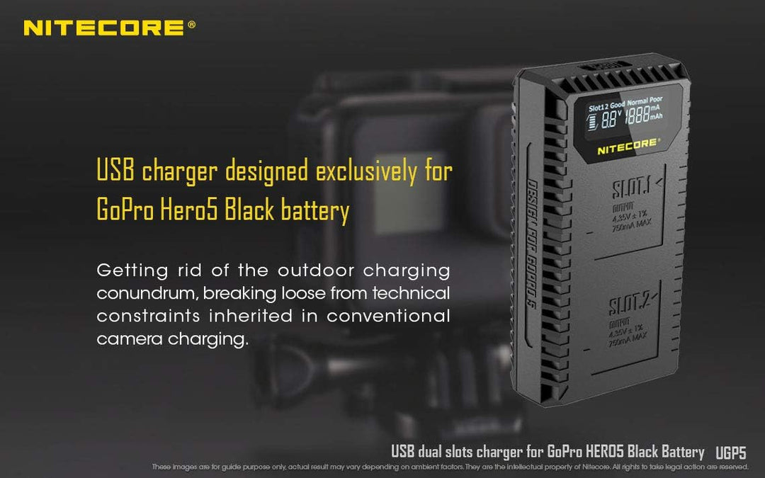 Nitecore UGP5 Dubbele Lader voor GoPro Hero5/Hero6/Hero7 Accu + Indicator + USB