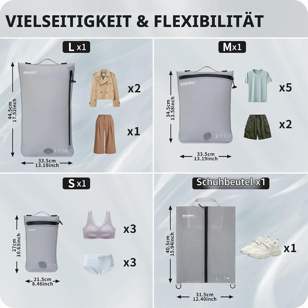 EULANT Kompressions Packwürfel Set 4 für Koffer, 3 Stück Wasserdicht Vakuumbeutel + 1 Schuh Tasche,