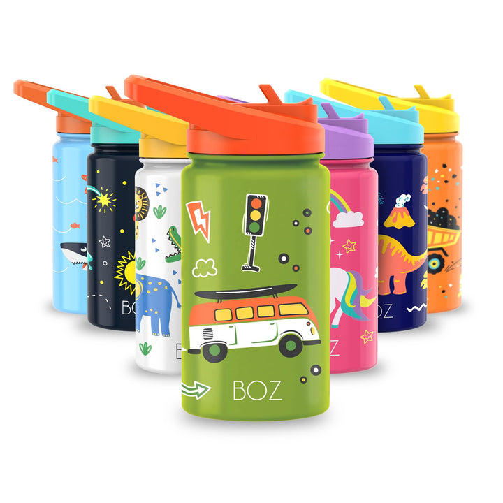 BOZ Isolierte Kinder-Trinkflasche, 414 ml (Autos) | BPA-Frei, Kratzfest mit Tragegriff, Spülmaschine