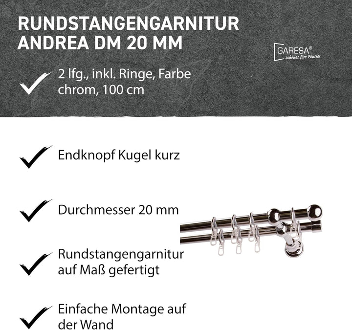 Garesa Gardinenstange Andrea Ø 20mm, 2-läufig, Chrom I Stabile Vorhangstange inkl. Ringe + Faltenleg