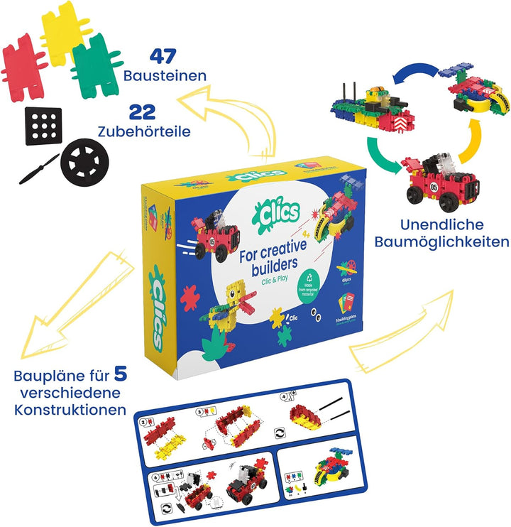 Clics Konstruktionsspielzeug für Kinder ab 3 Jahre, kreatives Lernspielzeug im 69 Teile Set, Baustei