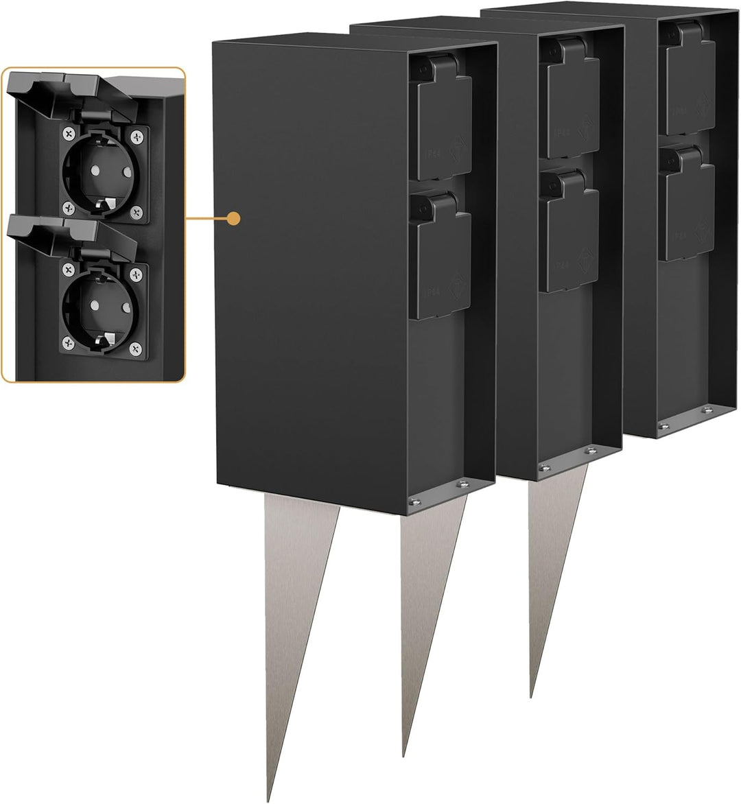 ledscom.de Aussensteckdose POMI mit Erdspiess, wetterfest, IP44, 4-fach, schwarz, eckig, 23cm, 3 Stk