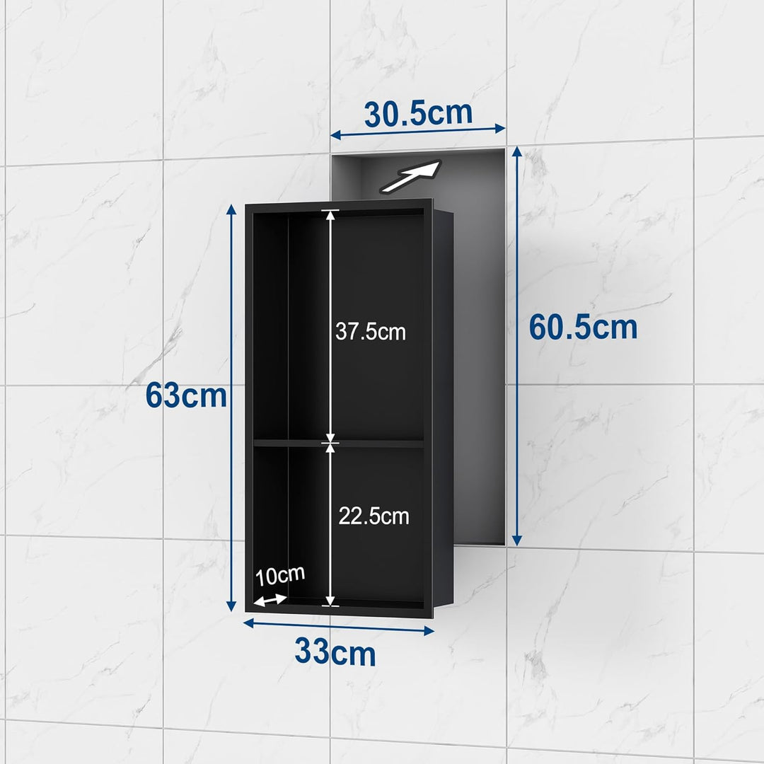 Neodrain Wandnische Dusche Edelstahl Duschnische Doppelregal Schwarz Lagerung für Badezimmer 60 x 30