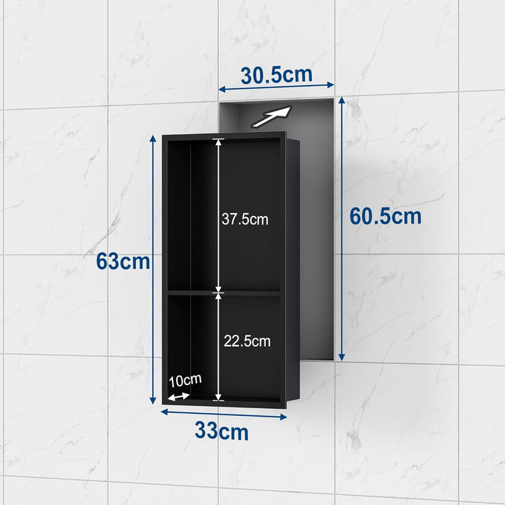 Neodrain Wandnische Dusche Edelstahl Duschnische Doppelregal Schwarz Lagerung für Badezimmer 60 x 30