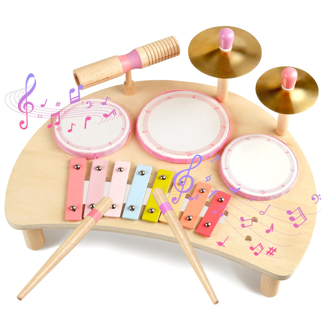 Holztrommelset - Montessori-Musikinstrumente für Kleinkinder, Schlagzeug-Set aus Holz mit Xylophon,