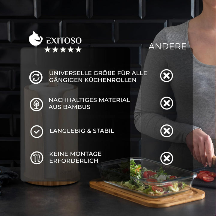 EXITOSO Küchenrollenhalter Bambus - Halter Küchenrolle Edelstahl - Küchentuchhalter - Küchenrollenha