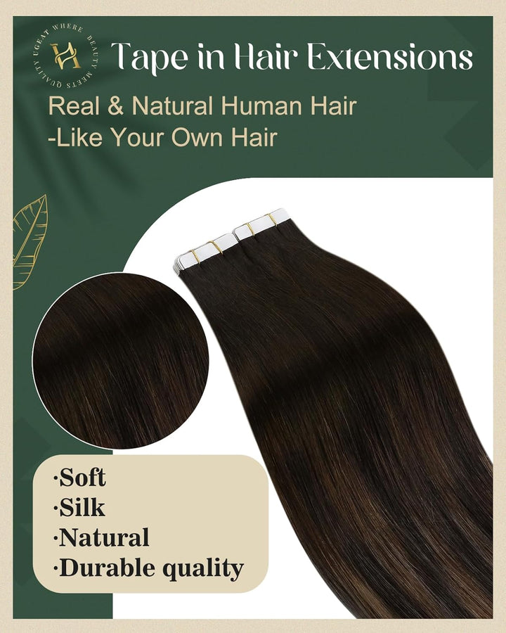 Ugeat 35cm Balayage Tape Extensions Echthaar Haarextension Echthaar Tape Dunkelstes Braun mit Mittel
