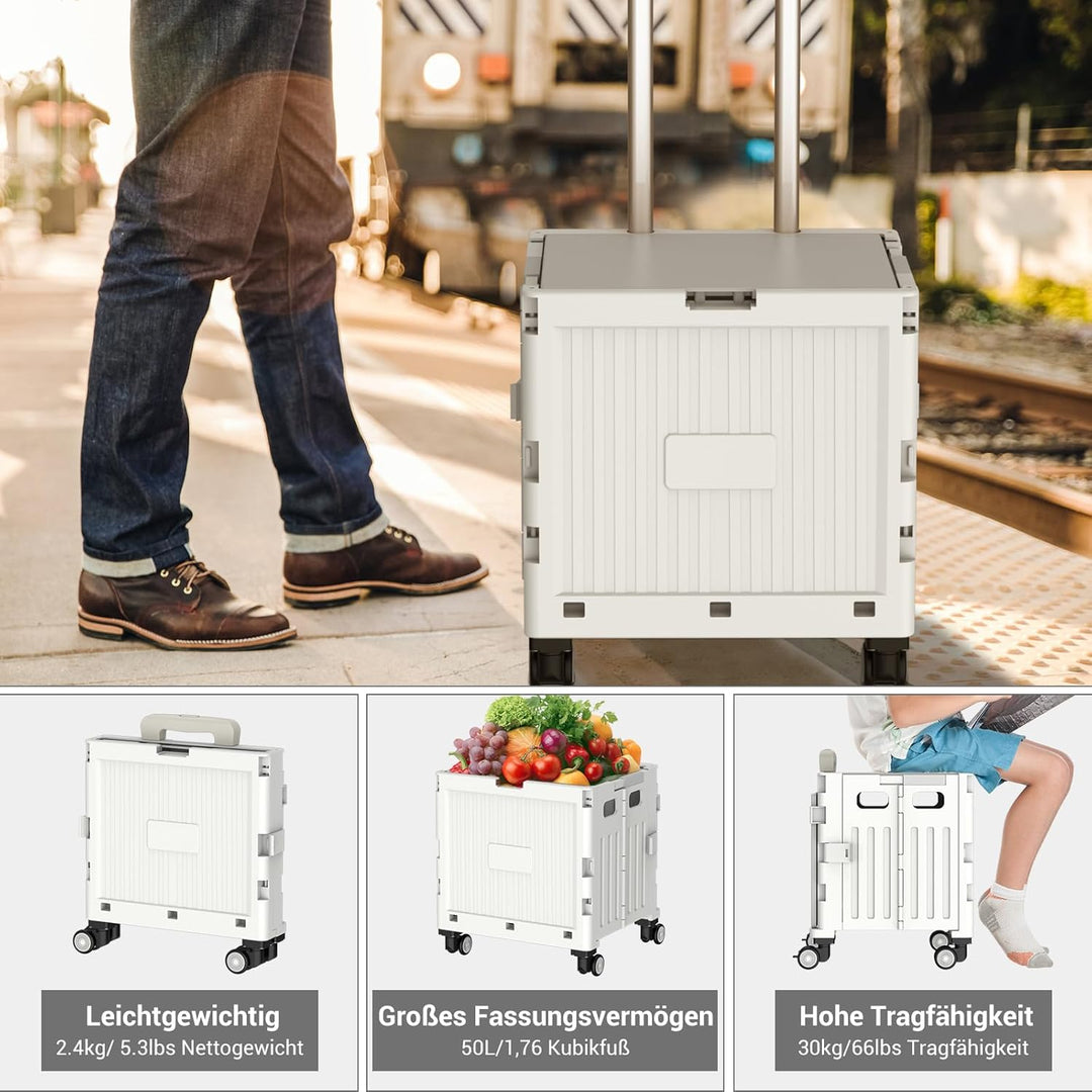 Einkaufstrolley klappbar, Einkaufswagen bis 30 kg, Transportbox mit 4 Rollen, Shopping Trolley Verst