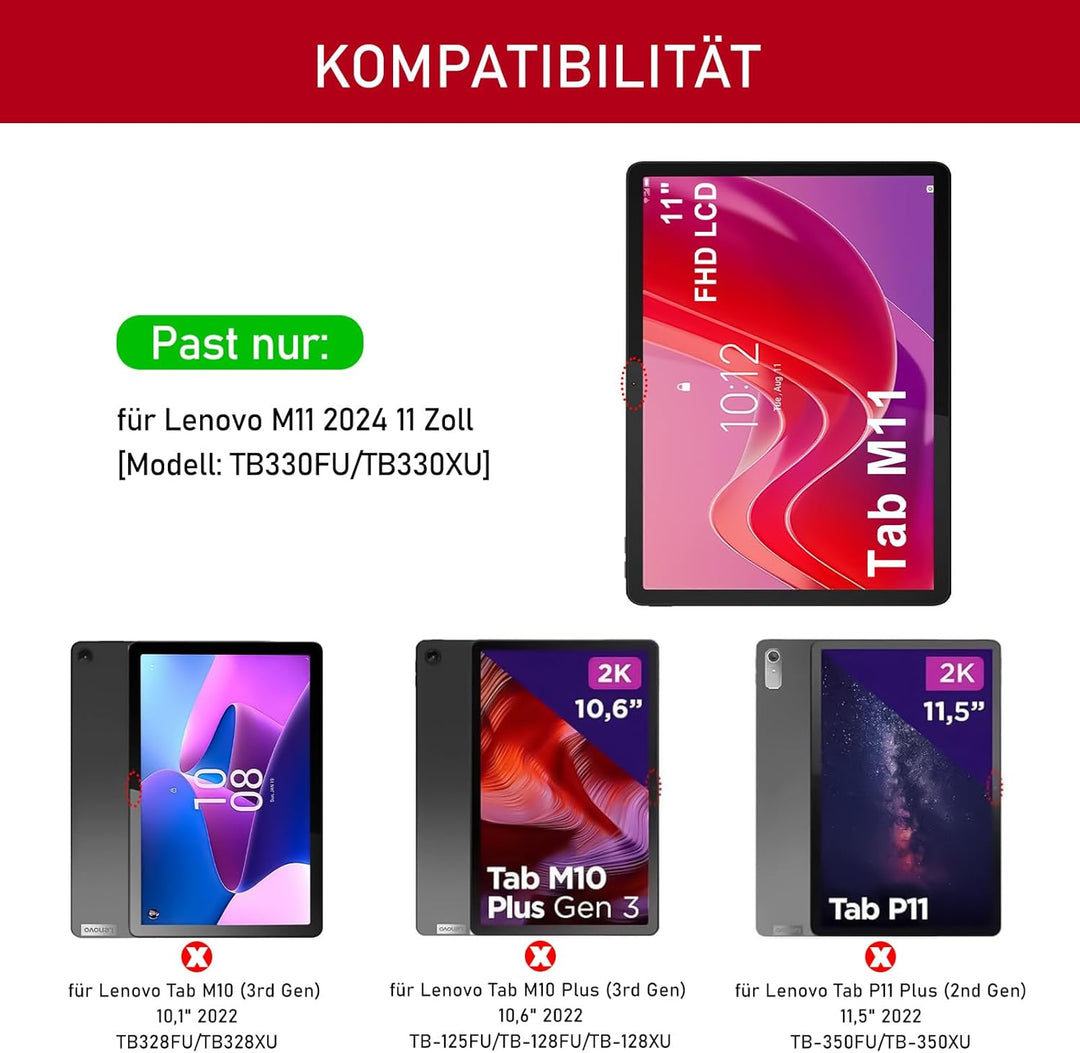 Tastatur Hülle für Lenovo Tab M11 11 Zoll 2024 (TB330FU/TB330XU), Schutzhülle mit Magnetisch Abnehmb