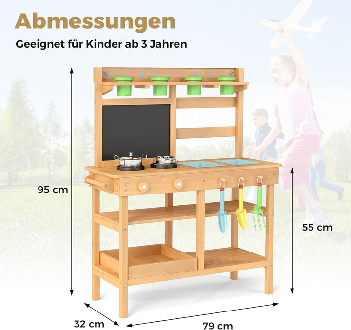 COSTWAY Matschküche Kinder Outdoor, Kinderküche mit Tafel, Wasserhahn, Spülen, Blumentöpfen & Garten
