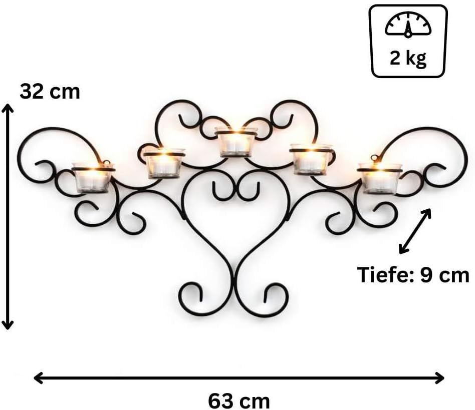 DanDiBo Wandteelichthalter Metall Schwarz Teelichthalter Wand Wandkerzenhalter 63 cm Palace Kerzenha
