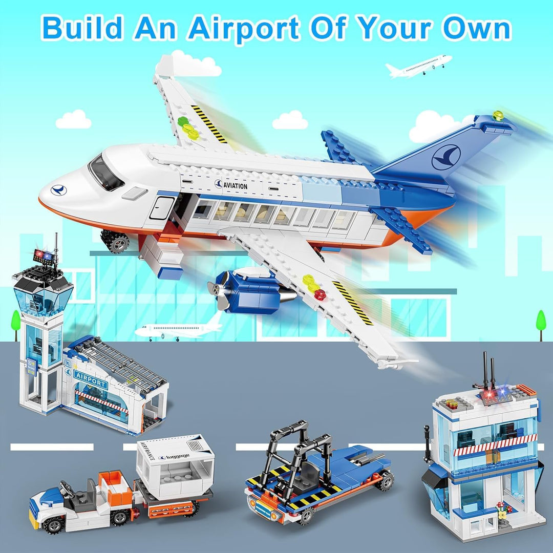 GuKKK City Passagierflugzeug Baukasten Set, 3 IN 1 Flugzeug Baukasten 744 PCS mit Terminal, Anhänger