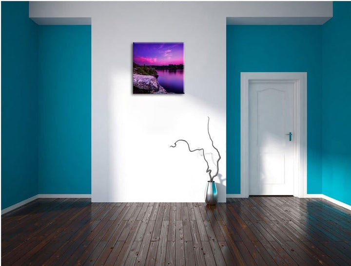 Lila Seelandschaft, Format: 70x70 auf Leinwand, XXL riesige Bilder fertig gerahmt mit Keilrahmen, Ku