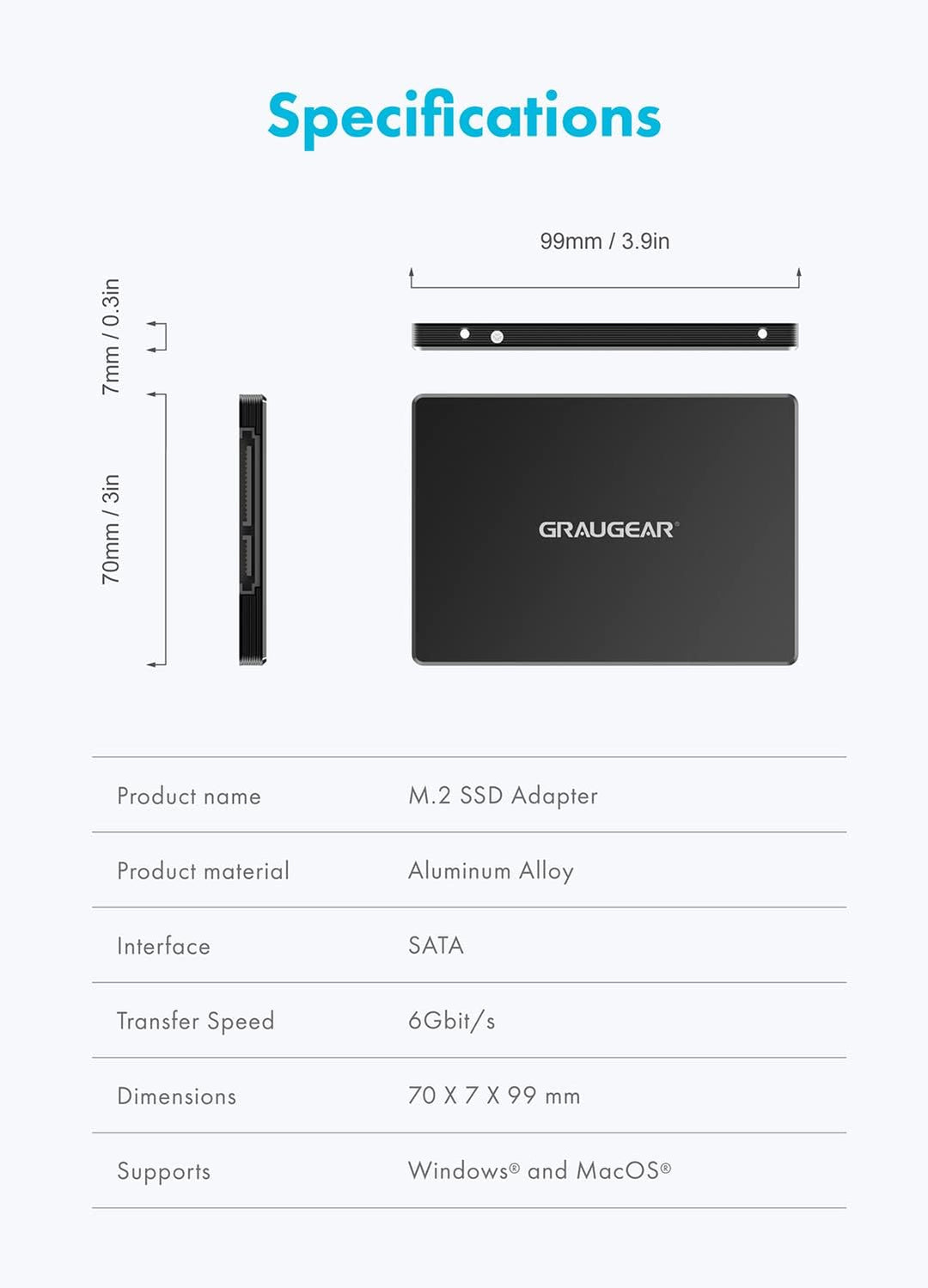 GRAUGEAR Aluminium M.2-SATA SSD Konverter, für B-Key M.2 NGFF zu 2,5” SATA, 2,5“ Bauform, 7 mm Einba