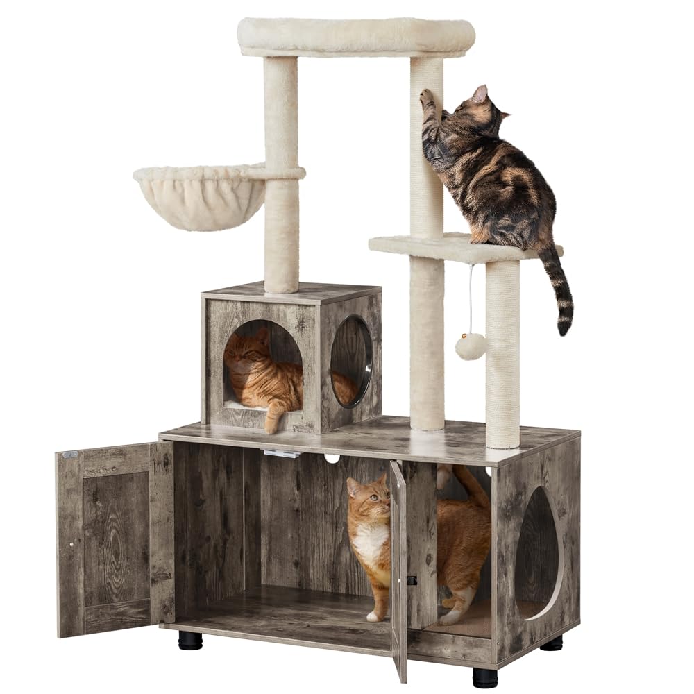 Yaheetech Katzenbaum mit Katzenklo Schrank, 134,5 cm hoch, All-in-One Kratzbaum mit Höhle Plattform