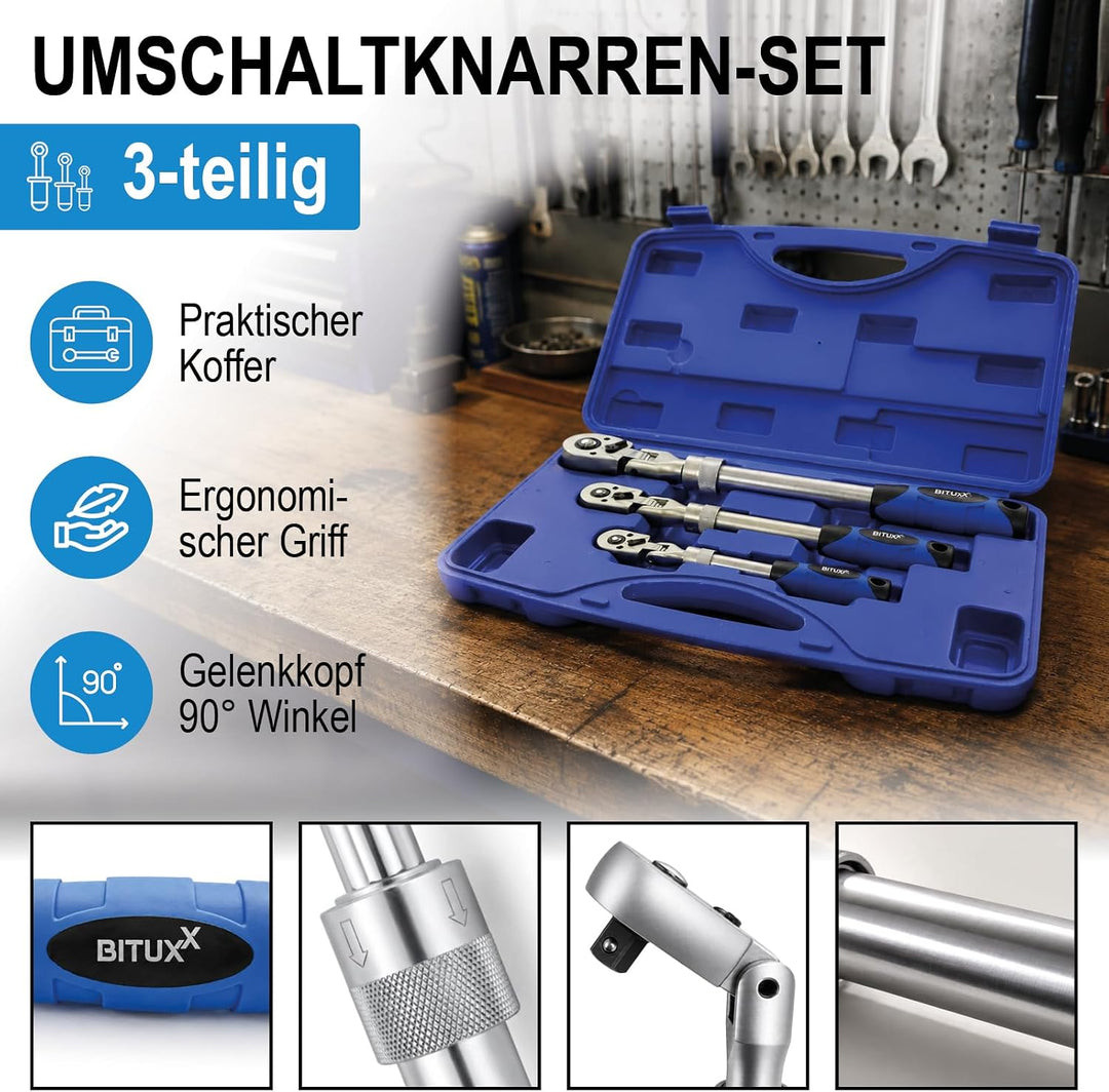 Bituxx 3 tlg Teleskop Gelenk Ratschen 1/4 3/8 1/2 90° Knarre ausziehbar Umschaltknarre Set