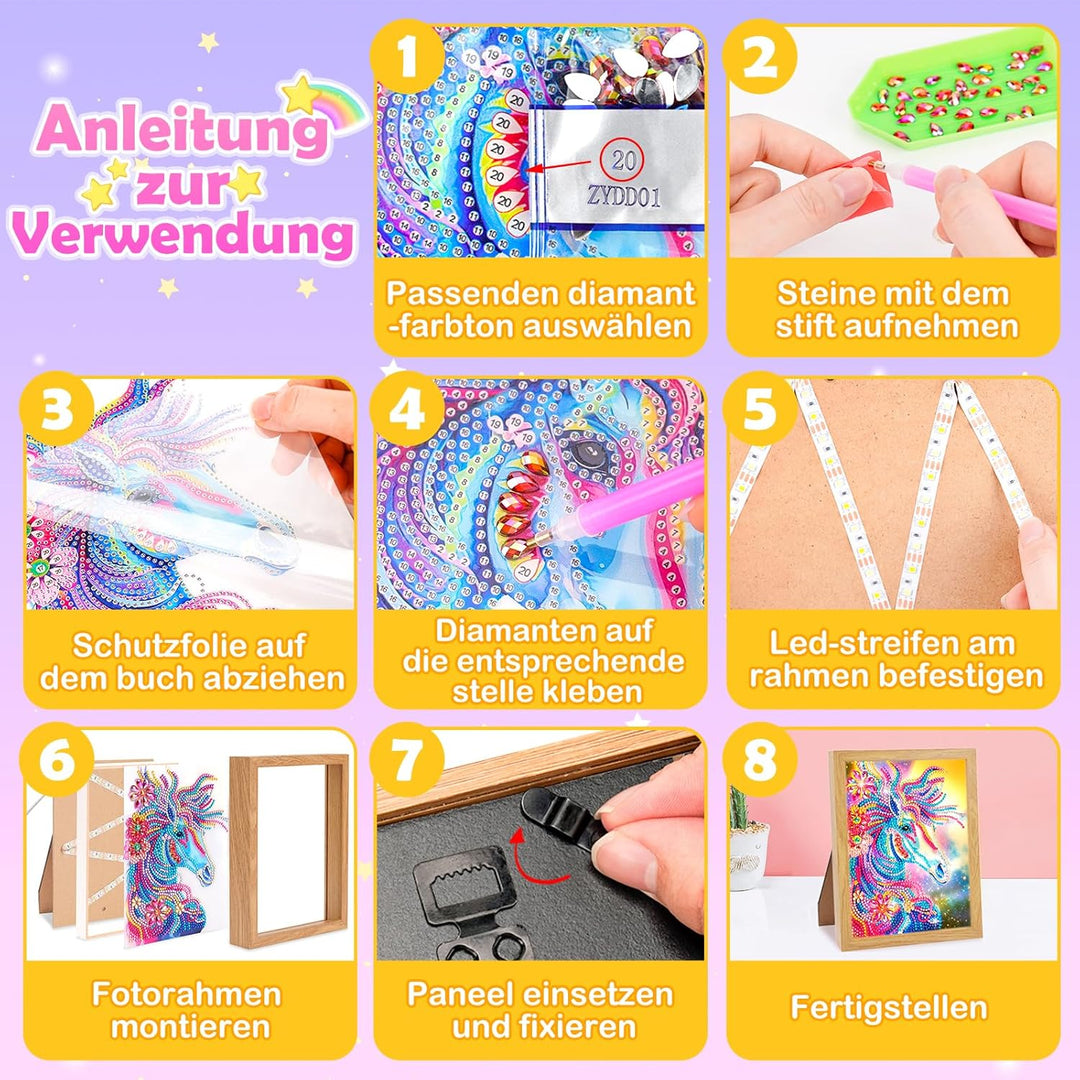 Geschenke Mädchen 5 6 7 8 9 10 11 Jahre Diamond Painting Kinder Einhorn Nachtlicht Bilderrahmen, Bas