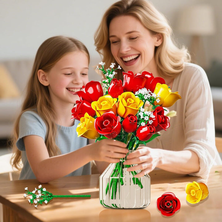 HOGOKIDS Blumenstrauss-Bausatz mit Lichtern - 16 Rosenstrauss botanische Bausteine künstliche Rot Ro