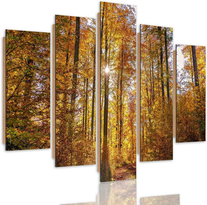 Feeby Bilder Modern Landschaft 5 Teilig Design Art Bäume Blätter Natur orange 100x70 cm Deco panel 1