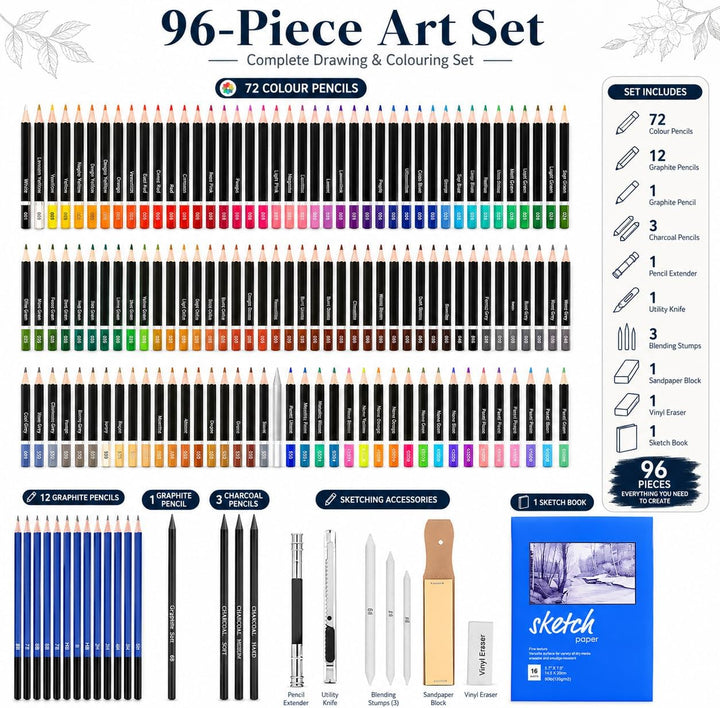 YMTECH Zeichenset, 96 Stücke Malset, Künstler Set, mit Buntstifte Zeichenstifte Graphitstift Kohlest