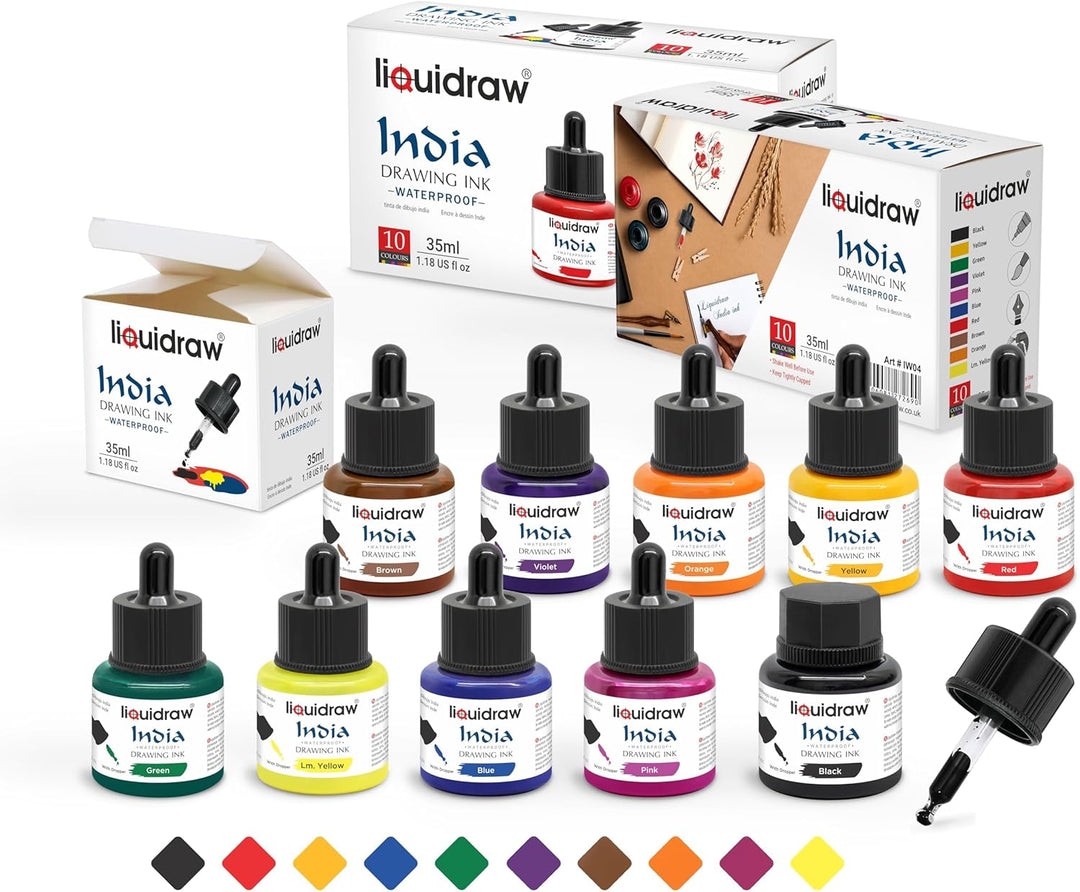 Liquidraw Indische Zeichentinte, Schwarz/Blau/Braun/Grün/Orange/Gelb, 24 x 10.5 x 6 cm