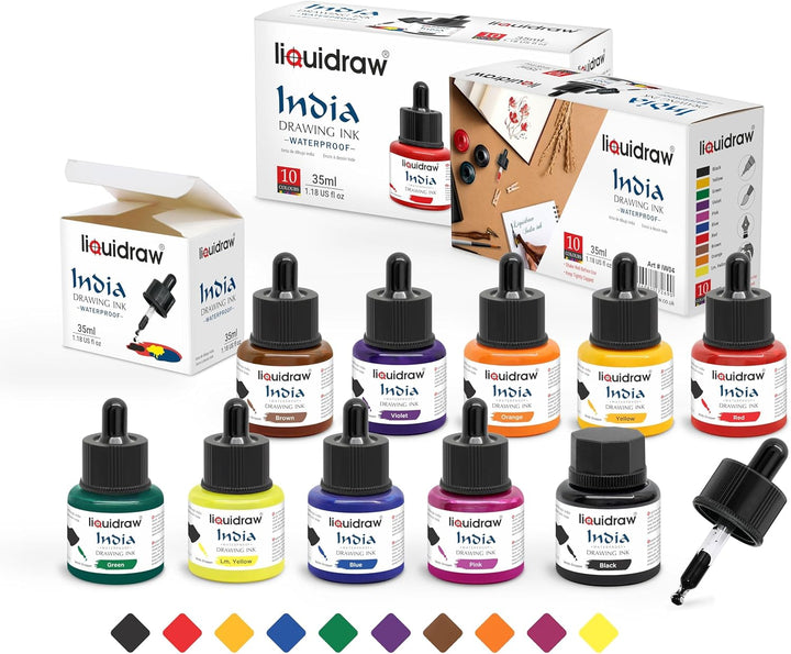 Liquidraw Indische Zeichentinte, Schwarz/Blau/Braun/Grün/Orange/Gelb, 24 x 10.5 x 6 cm