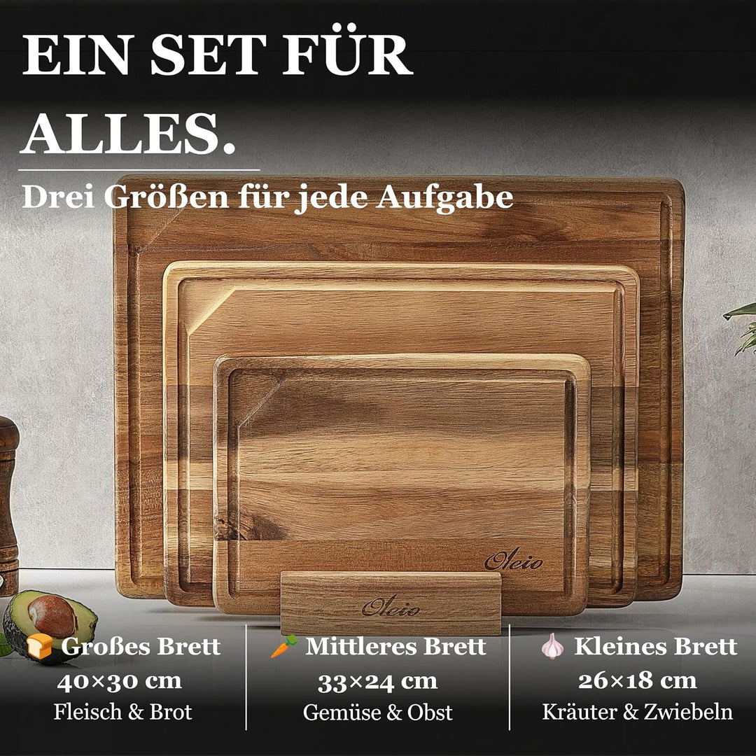 Oleio 3er Schneidebrett Set aus Akazie I Beidseitig nutzbar I 40x30 / 33x24 / 26x18cm I 2cm dicke Ho