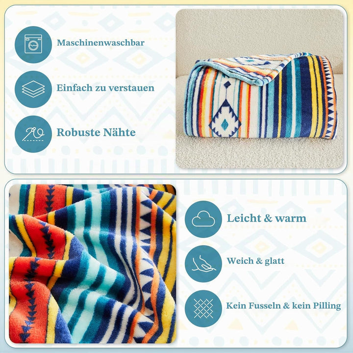 Qucover Kuscheldecke Wohndecke 130x150cm,Zweiseitige Bunte Decke Boho,Flauschig&amp;Weich Sofadecke Couc