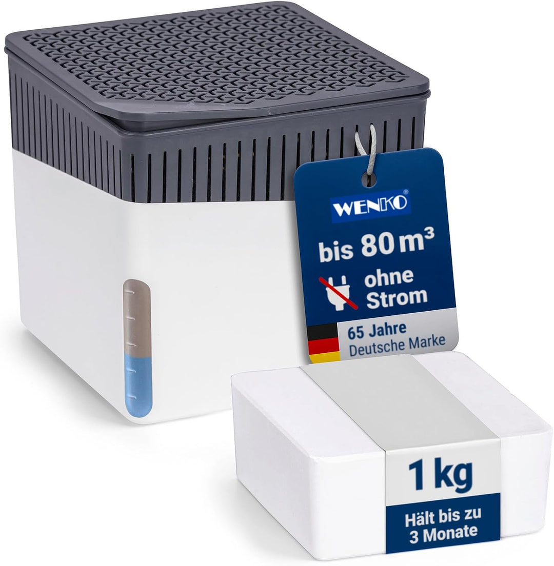 WENKO Raumentfeuchter Cube 1000 g weiss Luftentfeuchter reduziert Schimmel & Gerüche Auffangschale L