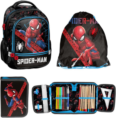 Paso Schulrucksack Set 3 Tlg. - Mit Turnbeutel & Befüllter Federmappe - Spiderman, Schwarz, 43 x 31