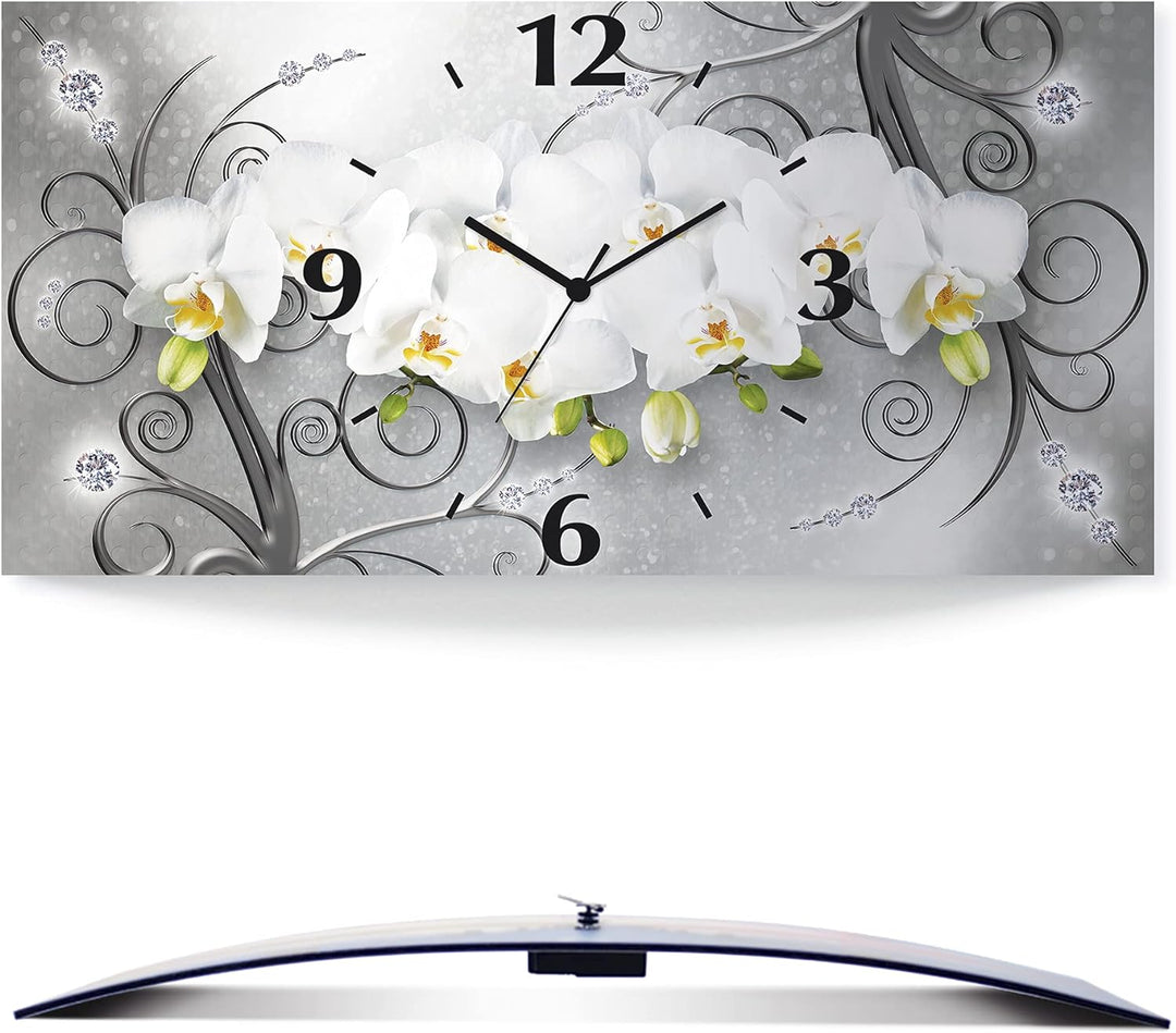 ARTLAND Wanduhr ohne Tickgeräusche Alu Quarzuhr lautlos 60x30 cm Rechteckig Blumenbilder Orchideen A