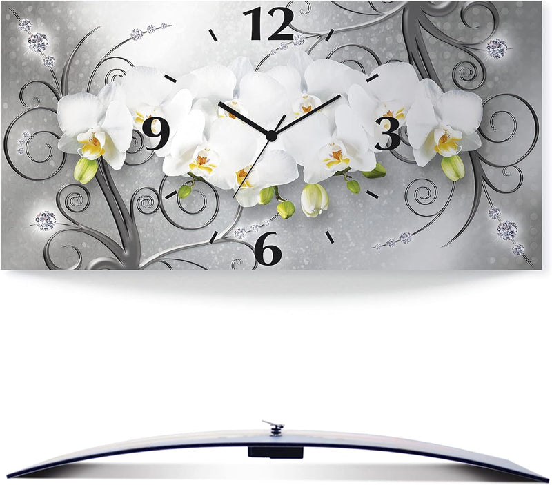 ARTLAND Wanduhr ohne Tickgeräusche Alu Funkuhr lautlos 60x30 cm Rechteckig Blumenbilder Orchideen Ab